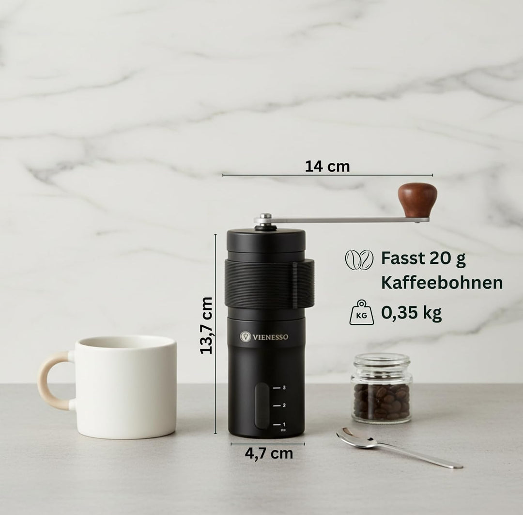 Kaffeemühle Manuell mit Keramikmahlwerk | Kompakte Handkaffeemühle mit stufenloser-Mahlgradeinstellu