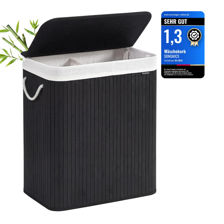 SONGMICS Wäschekorb 2 Fächer, 100 L Wäschesammler mit Deckel, Wäschebox Bambus, mit Griffen, faltbar