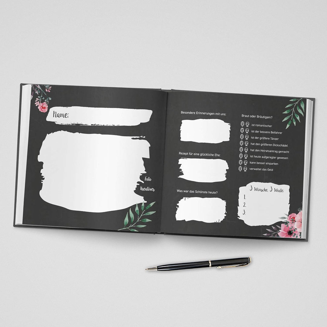 DeinWeddingshop Gästebuch zur Hochzeit mit Fragen - quadratisch - Hochzeitsgästebuch Hochzeitsalbum