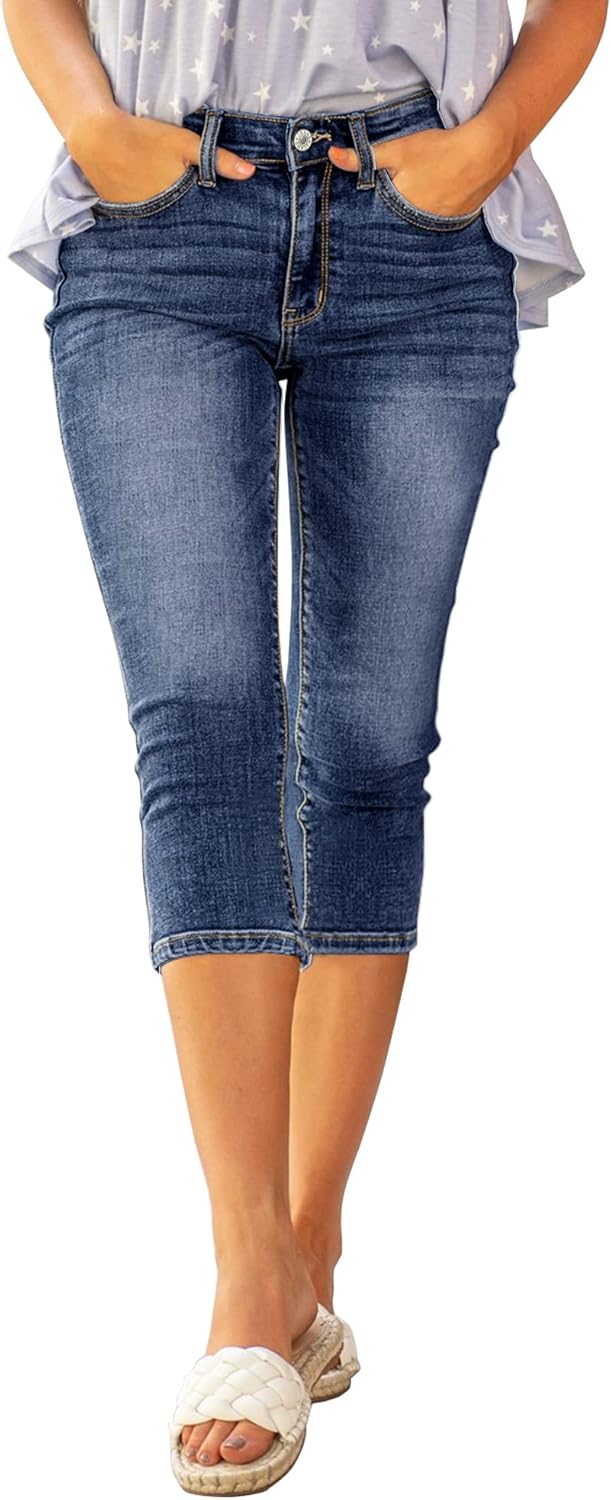 Damen Capri Jeans für Frauen hohe Taille Skinny Ripped Jean Denim Hosen, XXL Blau