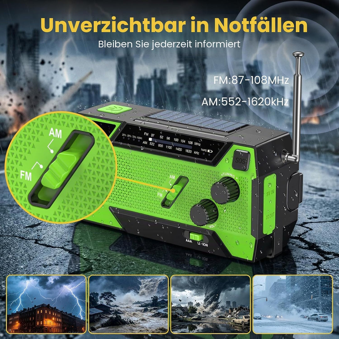 Kurbelradio, Radio mit Kurbel und Solar Notfall Ausrüstung mit 3 integrierten Kabeln, 4000mAh Notfal