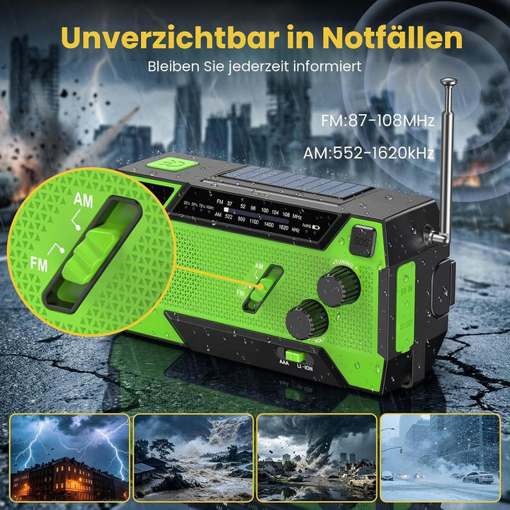 Kurbelradio, Radio mit Kurbel und Solar Notfall Ausrüstung mit 3 integrierten Kabeln, 4000mAh Notfal