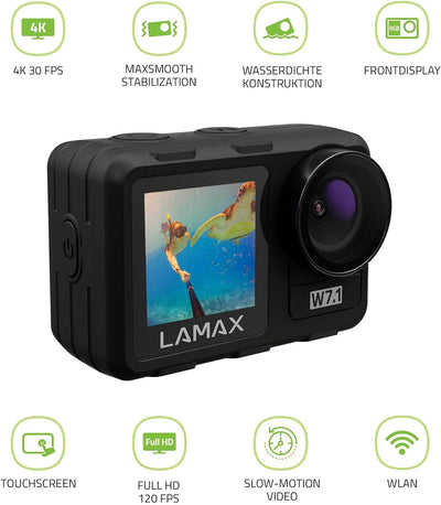 Lamax W7.1 REAL 4K 30fps Action Cam mit Stabilisierung, Unterwasserkamera, Camcorder mit Dual Displa