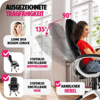 tectake® Chefsessel, Bürostuhl mit 12 cm Polsterung, Schreibtischstuhl mit Armlehnen & Wippfunktion,