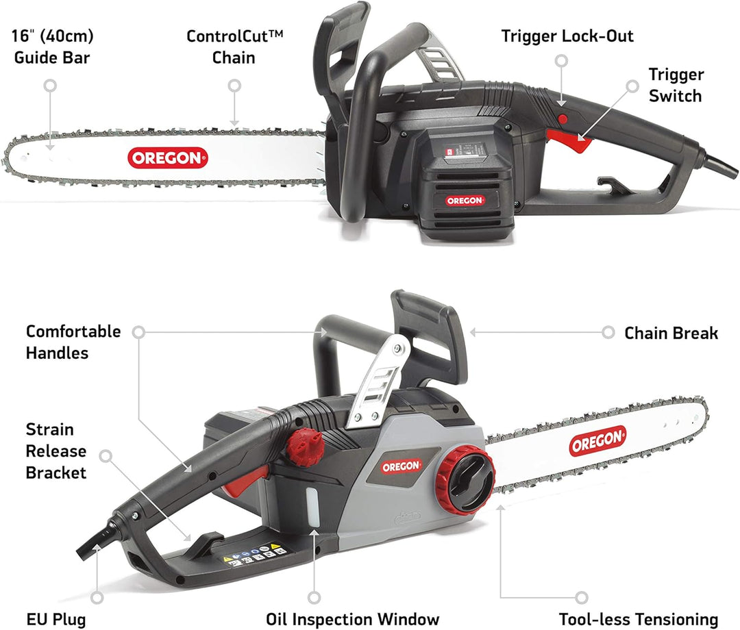 Oregon CS1400 2400W Elektrokettensäge, Leistungsstarke Elektrosäge mit 40 cm (16 Zoll) 603349 & 3er-
