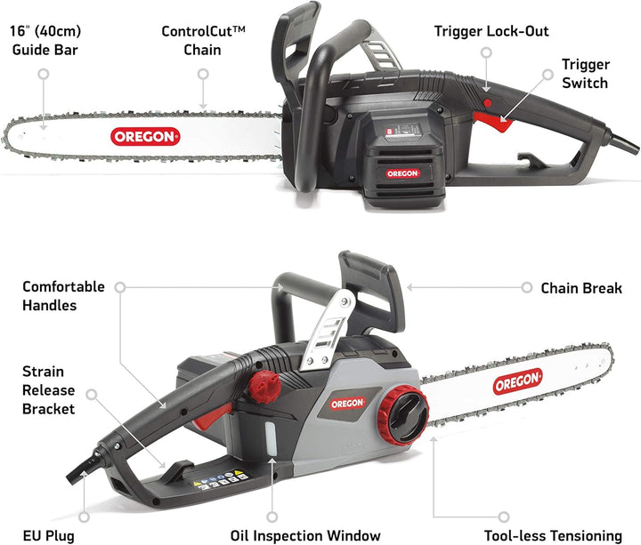 Oregon CS1400 2400W Elektrokettensäge, Leistungsstarke Elektrosäge mit 40 cm (16 Zoll) 603349 & 3er-