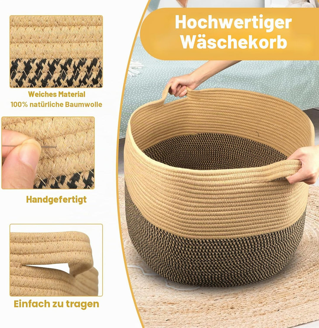 Withosent 100L Wäschekorb Geflochten aus Baumwolle, Wäschesammler mit Henkel, Laundry Basket Aufbewa