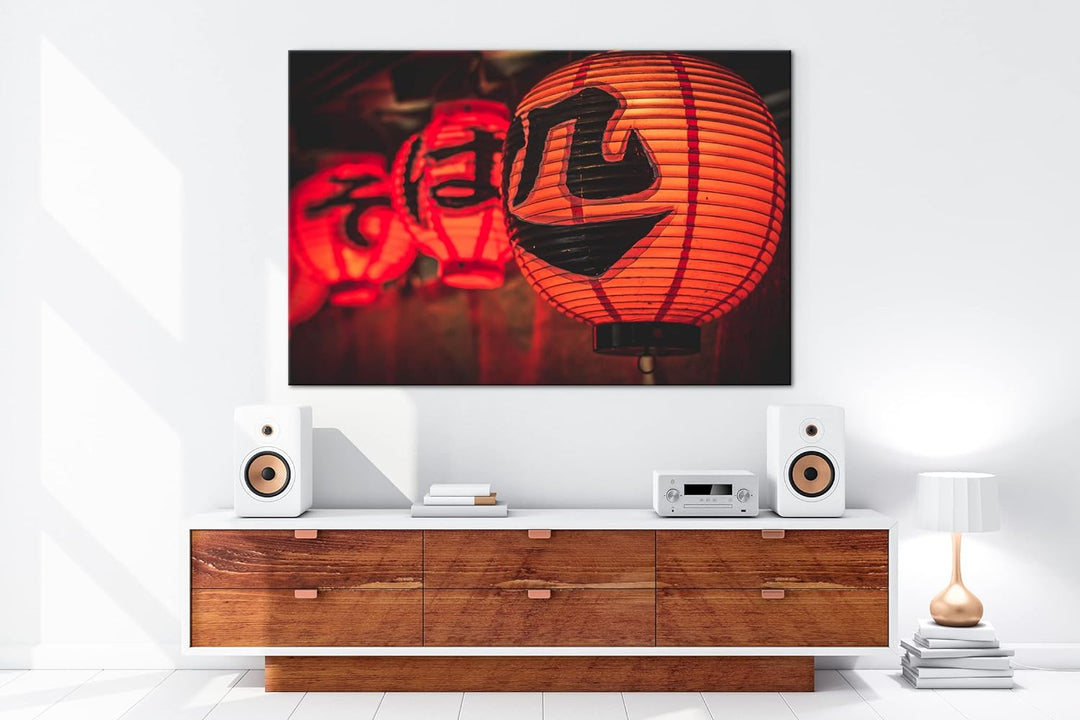 deyoli leuchtende asiatische Laternen Format: 80x60 als Leinwandbild, Motiv fertig gerahmt auf Echth