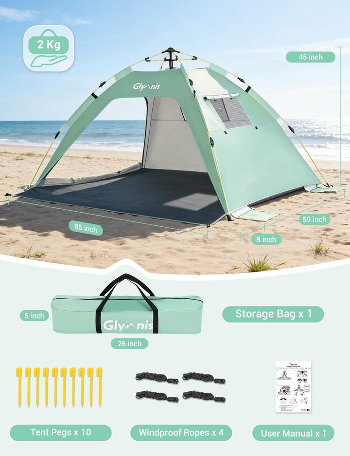 Glymnis Strandmuschel Quick Up Strandzelt Automatisches Strand Zelt mit Reissverschlusstür UV-Schutz