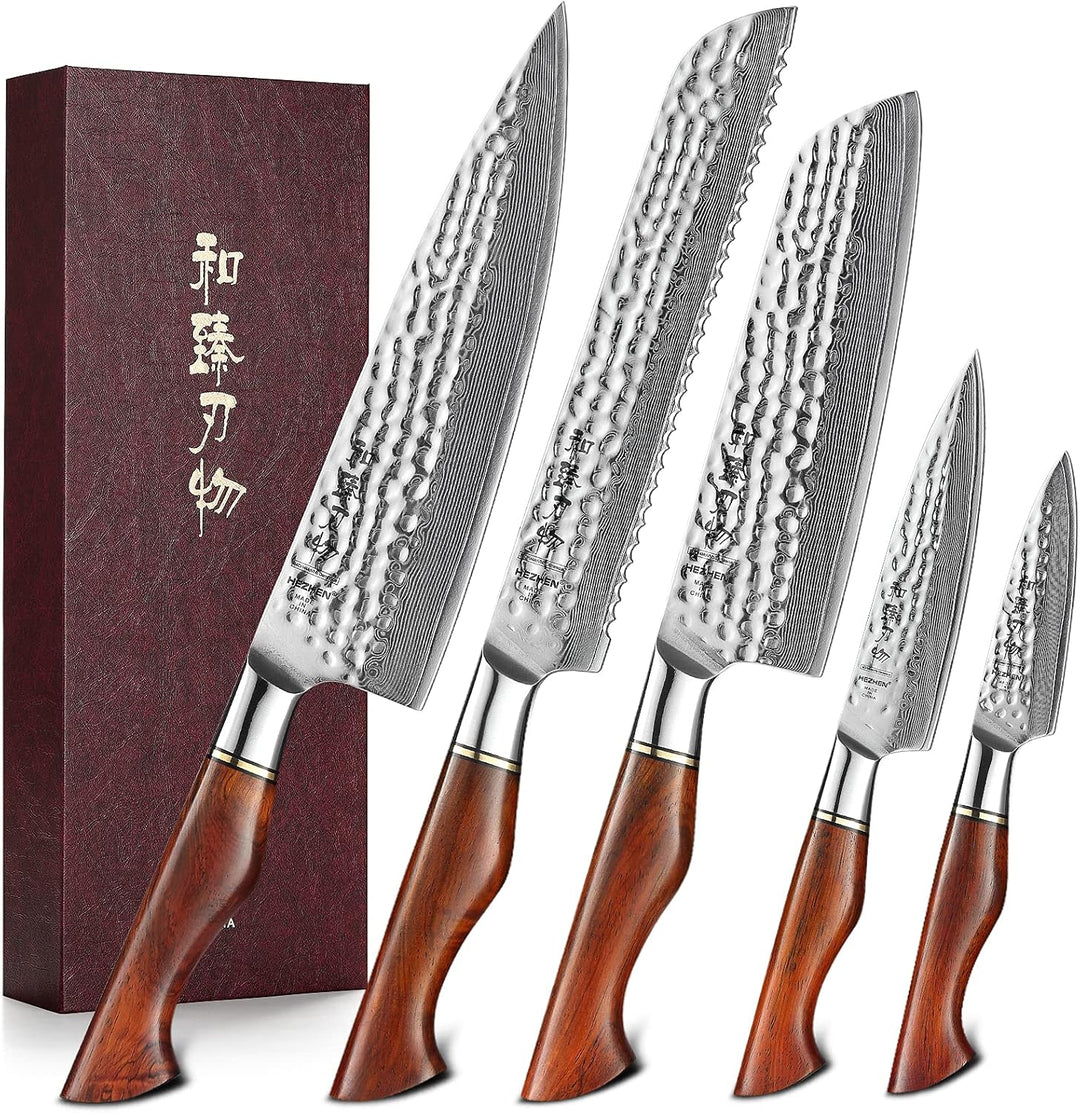 HEZHEN Damastmesser Set, 73 Lagen Damas Stahl Küchenmesser, Profi Kochmesser Set, Santoku Brotmesser