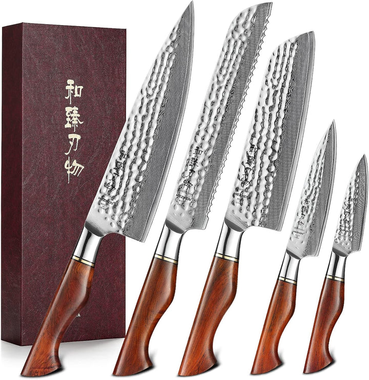 HEZHEN Damastmesser Set, 73 Lagen Damas Stahl Küchenmesser, Profi Kochmesser Set, Santoku Brotmesser