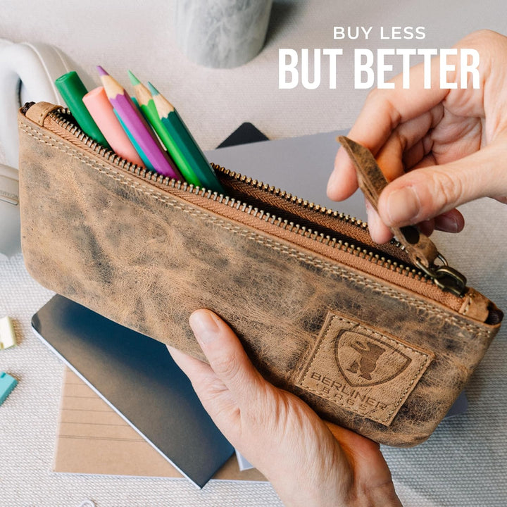 Berliner Bags Vintage Federmäppchen Etui aus Leder mit YKK-Reissverschluss, Robuste Federmappe für S