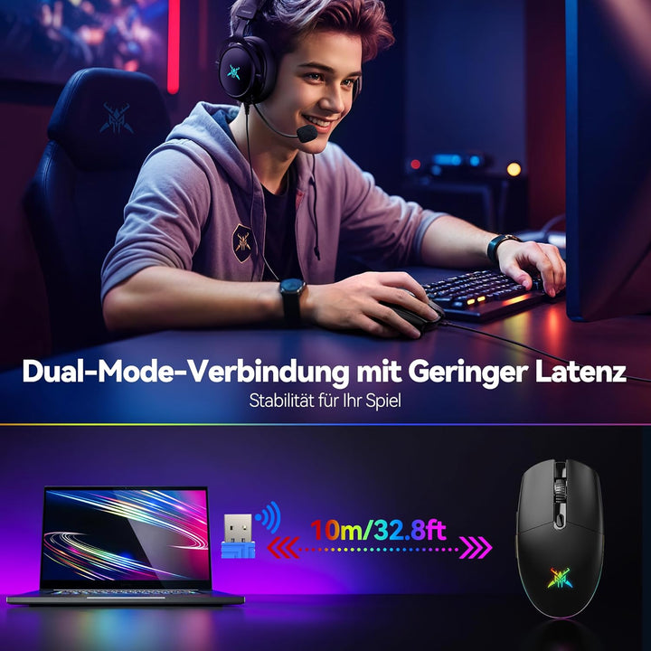 TECKNET Kabellose Gaming-Maus, RGB 2.4G/USB-C Kabelgebundene Gaming-Maus, 8000 DPI Wiederaufladbar,