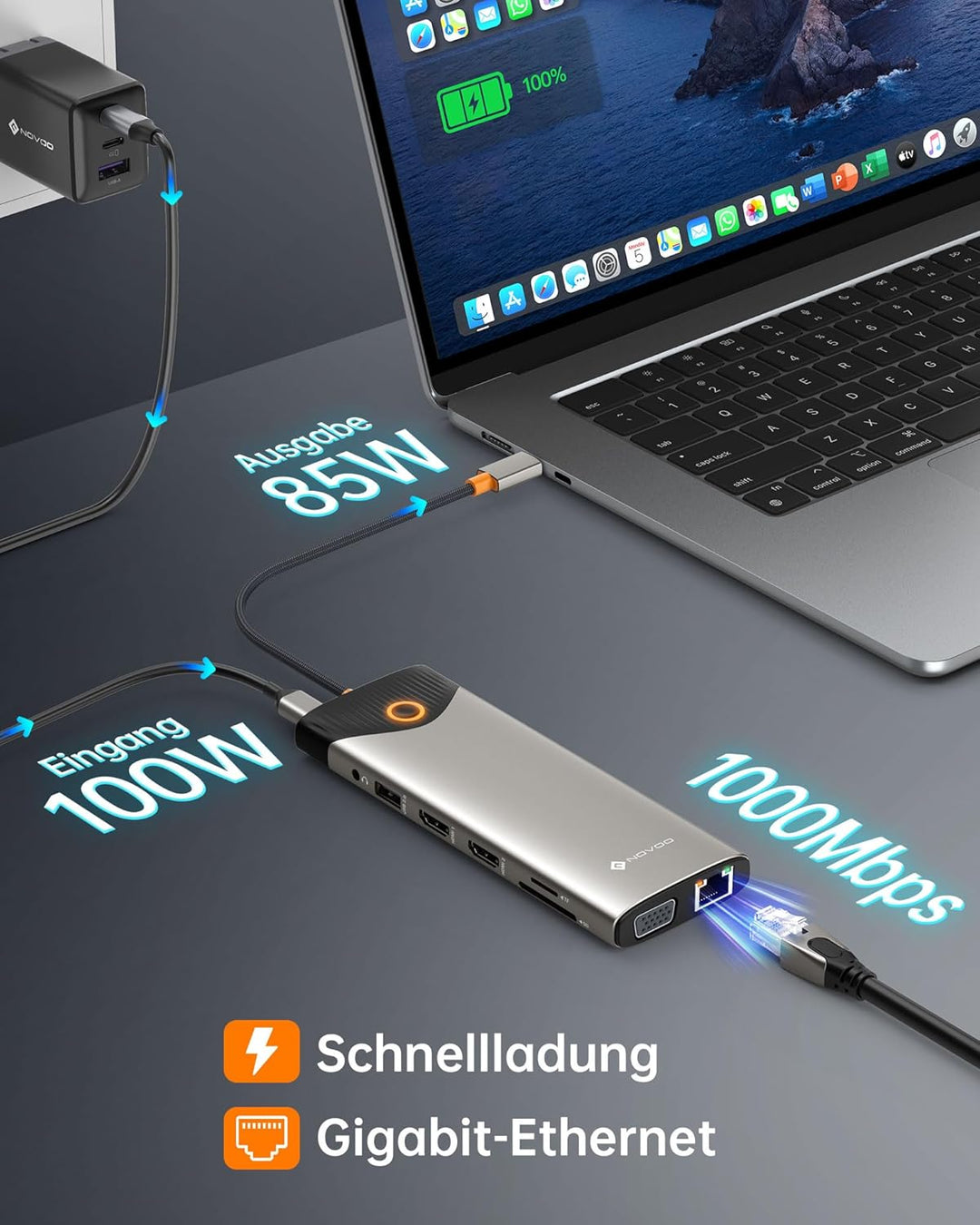 NOVOO USB C Docking Station 15-in-1 Triple Display USB C Hub Dual 4K@60Hz HDMI Adapter mit VGA Gigab