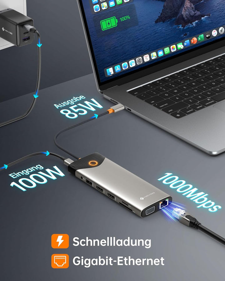NOVOO USB C Docking Station 15-in-1 Triple Display USB C Hub Dual 4K@60Hz HDMI Adapter mit VGA Gigab