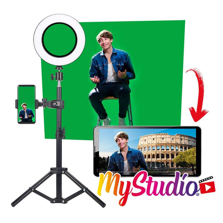 MyStudio Green Screen Studio Kit, Stativ, 2x3 m Greenscreen, Videoleuchte, Mikrofon