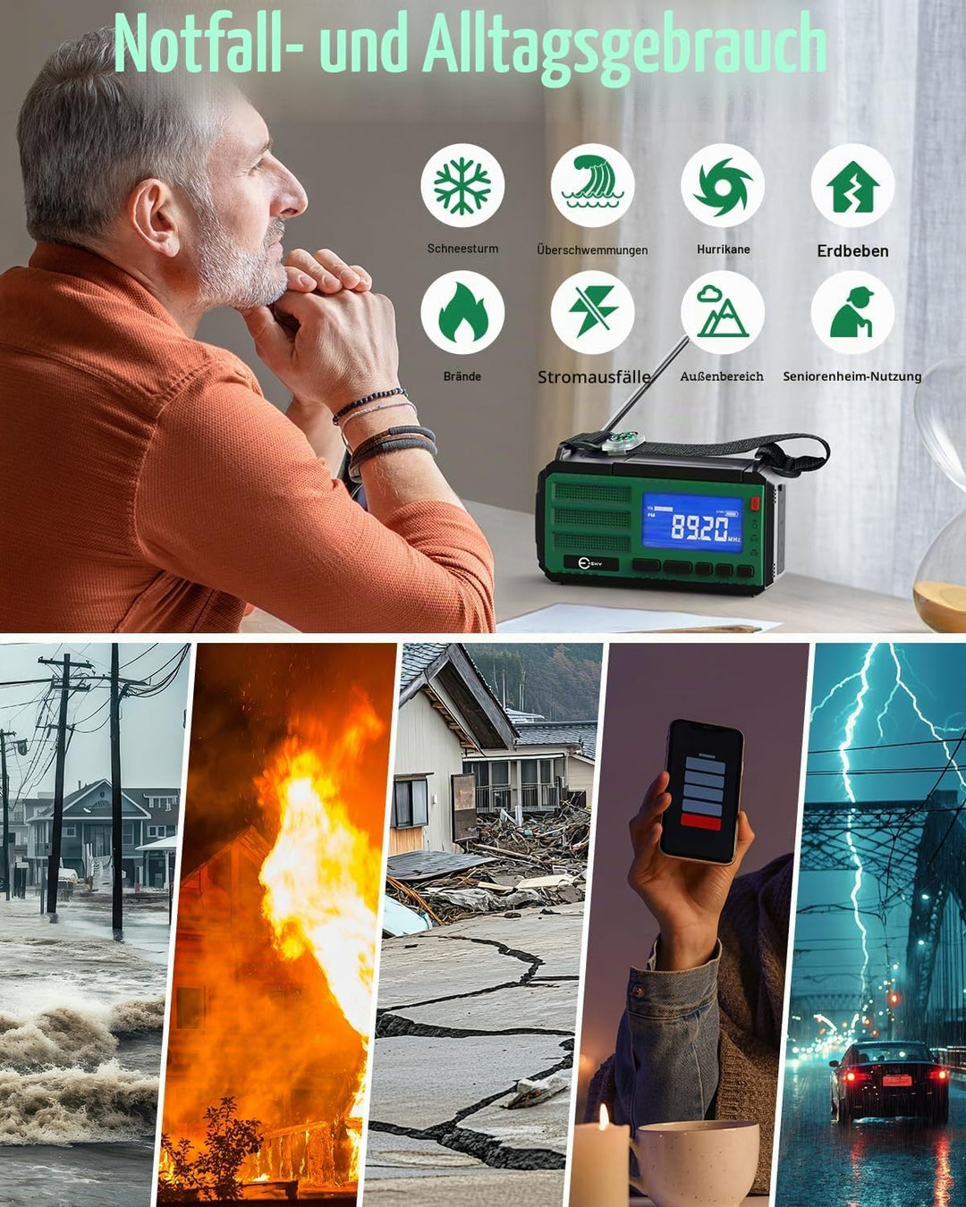 Esky Kurbelradio, AM/FM/NOAA 7 in 1 Notfallradio mit 10000mAh Akku Wiederaufladbare 3 Lademodi Tragb