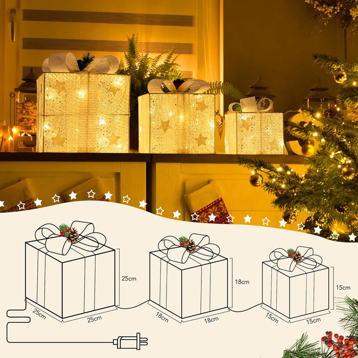 GIGALUMI 3er Set LED Geschenkbox mit Schleife Leuchtend Geschenkeboxen Lichtbox Weihnachts Dekoratio