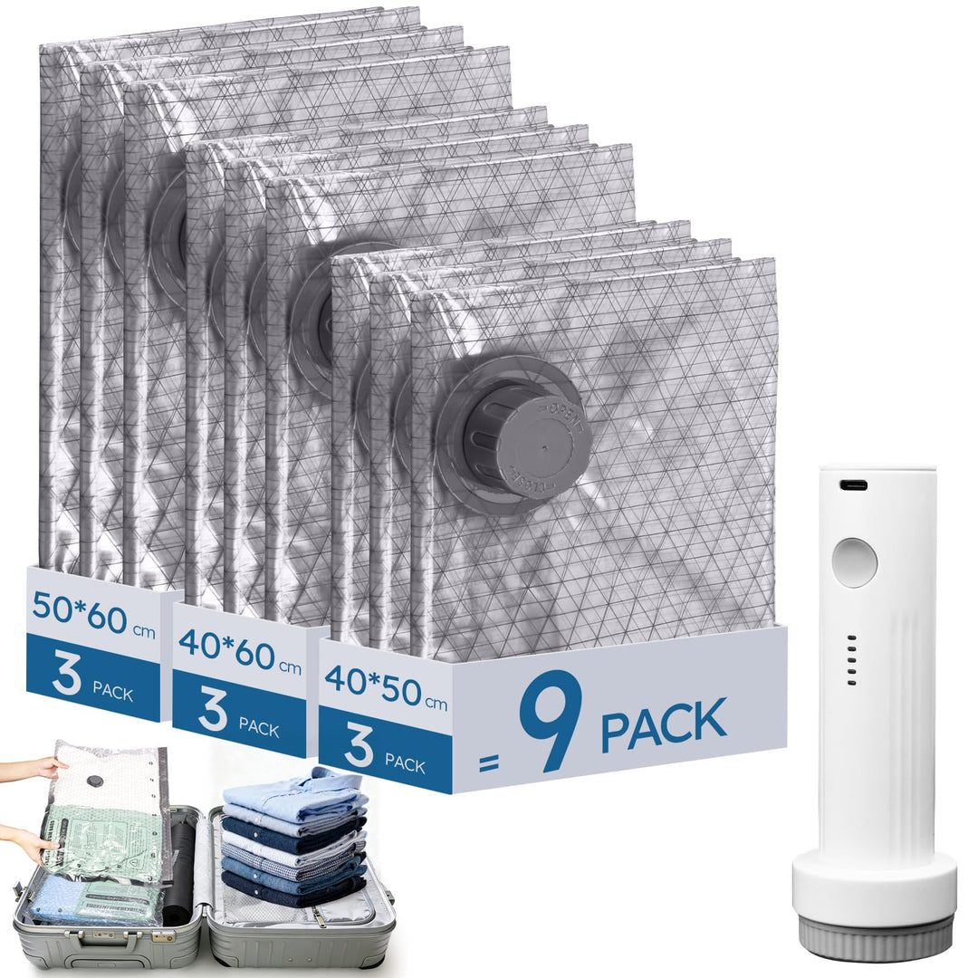 Aolso Vakuumbeutel für Kleidung mit Kabellose Vakuumpumpe, 9 Stück Vacuum Bags Wiederverwendbare (3x