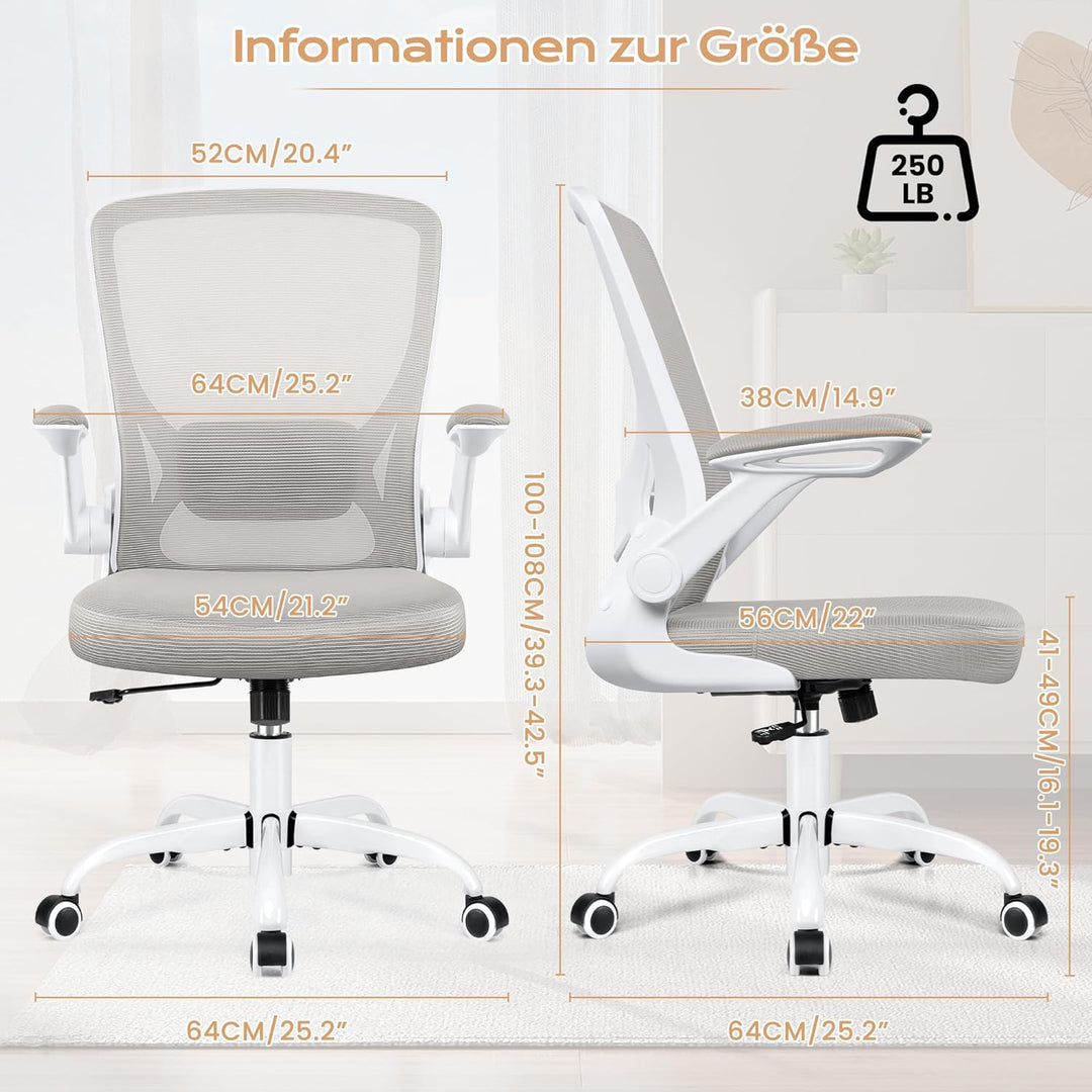 KERDOM Bürostuhl, Ergonomischer Schreibtischstuhl mit Klappbaren Armlehnen, 360° Drehstuhl Mesh Comp
