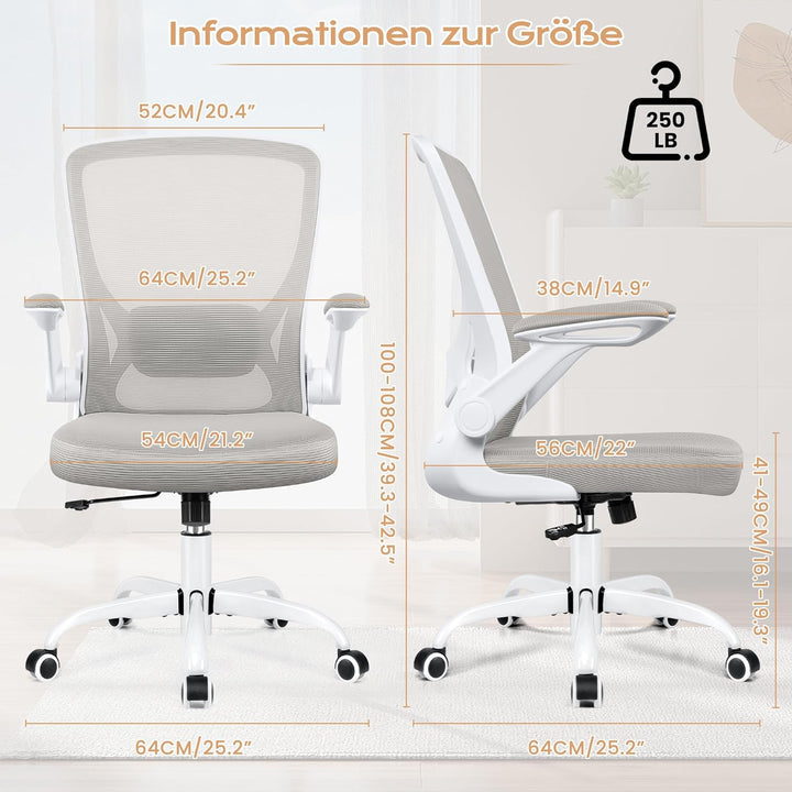 KERDOM Bürostuhl, Ergonomischer Schreibtischstuhl mit Klappbaren Armlehnen, 360° Drehstuhl Mesh Comp