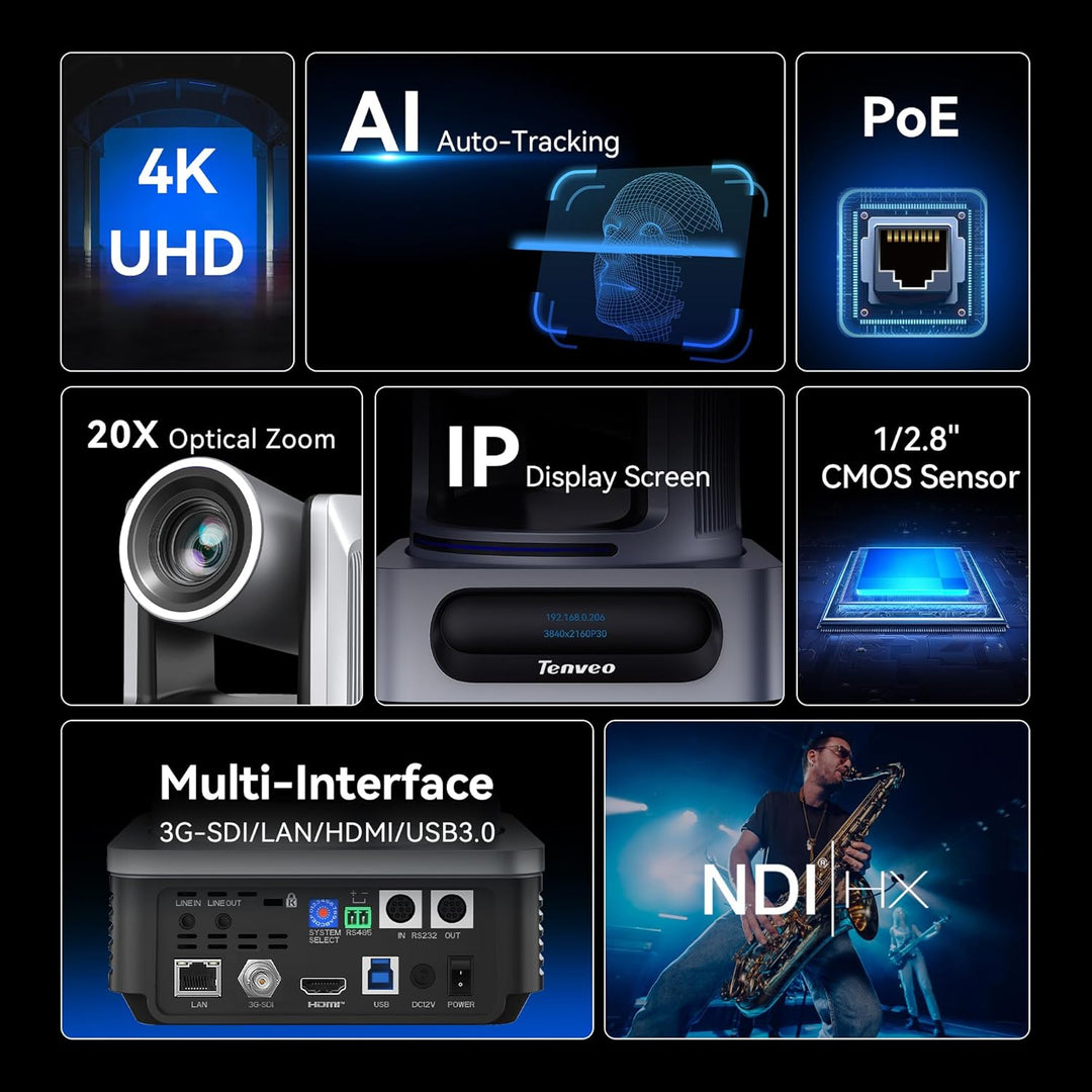 Tenveo 4K PTZ-Kamera mit NDI, AI-Auto-Tracking, 20-Fach Optischer Zoom, 3G-SDI USB3.0 HDMI LAN PoE A