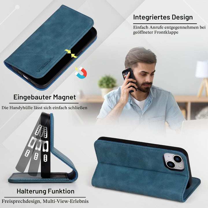 VISOUL Hülle für iPhone 15, Schutzhülle [Echt Leder] [Schützt vor Stoss] [Kartenfach] [Magnetverschl