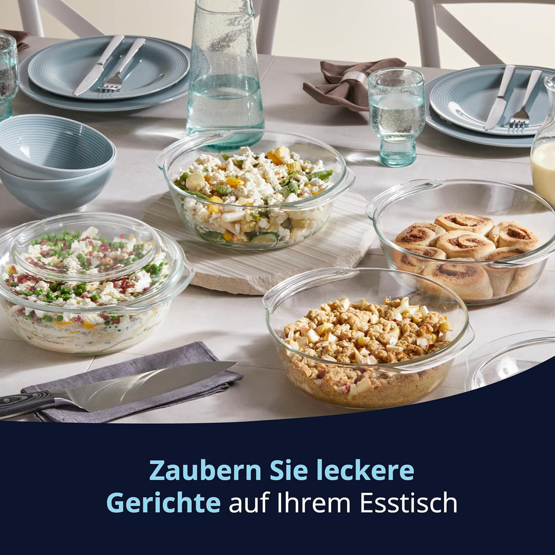 KHG Auflaufformen aus Glas mit Deckel 2er Set 2 Liter Rund für kalte & warme Speisen, spülmaschinenf