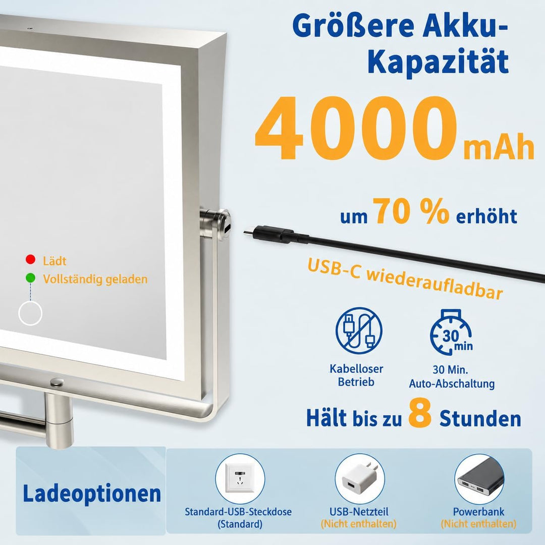 Ruacq Wiederaufladbarer Wand-Make-up-Spiegel mit Lichtern, doppelseitig, 1 x / 10-fache Vergrösserun