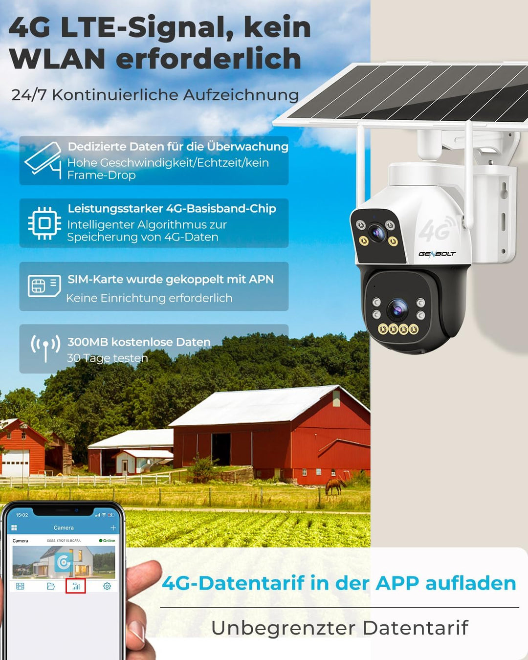 GENBOLT 4G AOV Mobilfunk Solar Überwachungskamera Aussen Kabellose, 7/24-Aufzeichnung 3MP+3MP IP Kam