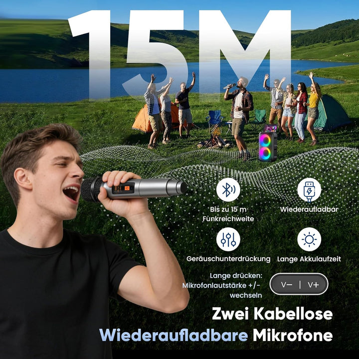 Partybox Bluetooth Party Lautsprecher mit 2 kabellosen Mikrofonen: 3-in-1 tragbare Musikbox für Gebu