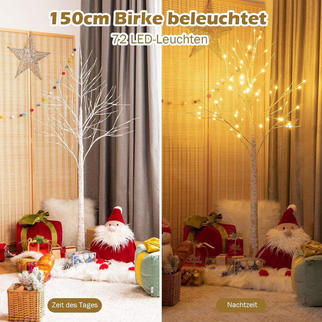 COSTWAY 150cm LED Lichterbaum, Birkenbaum mit warmweissen LED-Leuchten, künstlicher Weihnachtsbaum,