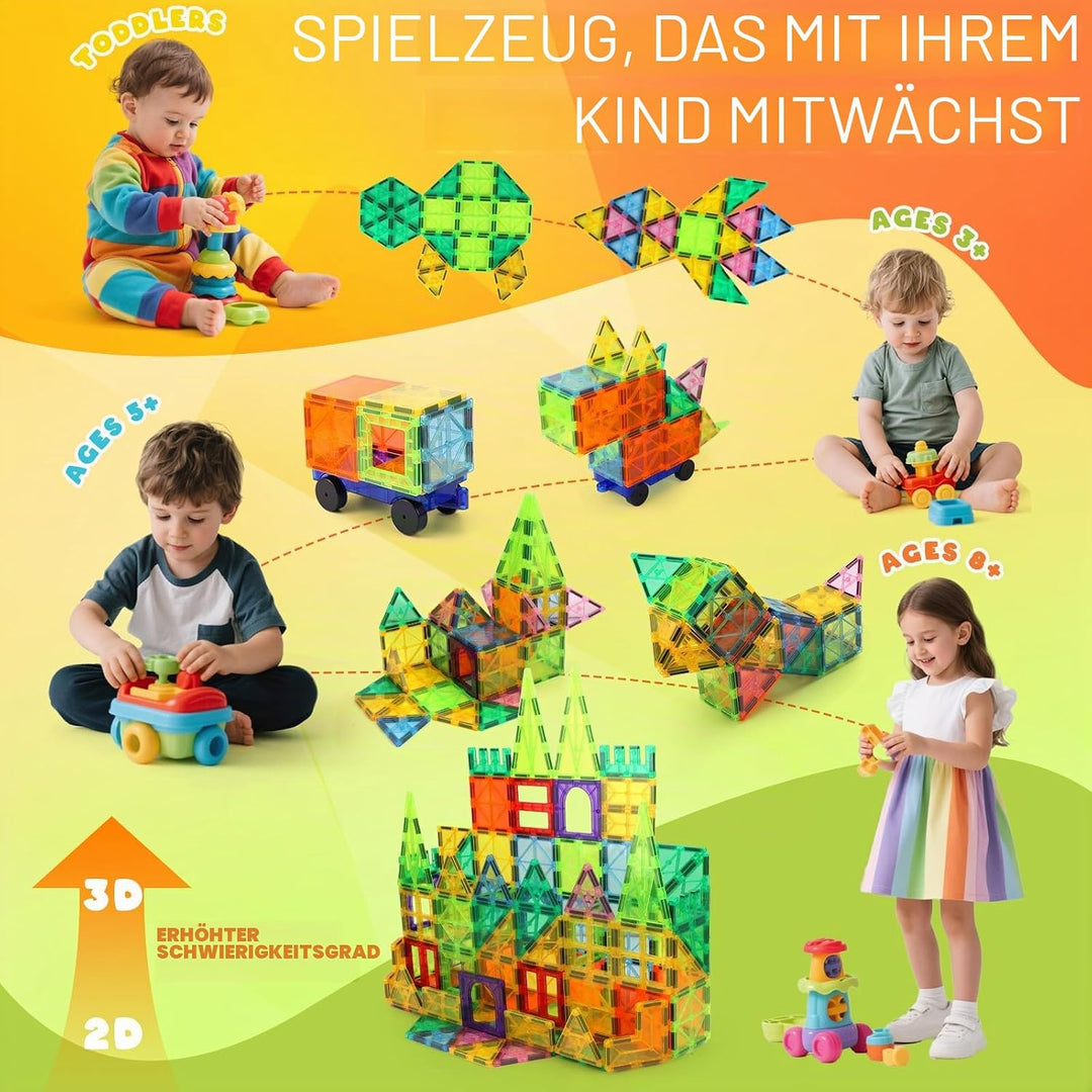 IIRC 100 STK Magnetische Bausteine, Magnetbausteine Kinder, Magnetspiel Set mit 2 Autos, Magnetspiel