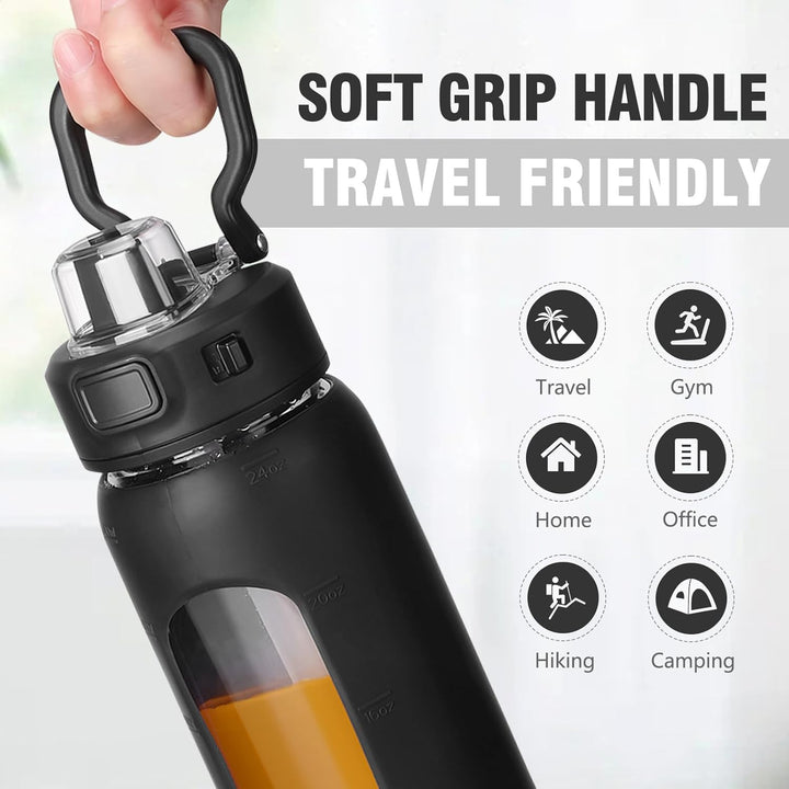 BLUEGO 700ml Trinkflasche Glas mit Strohhalm und Griff Auslaufsichere Wasserflasche mit Silikonhülle