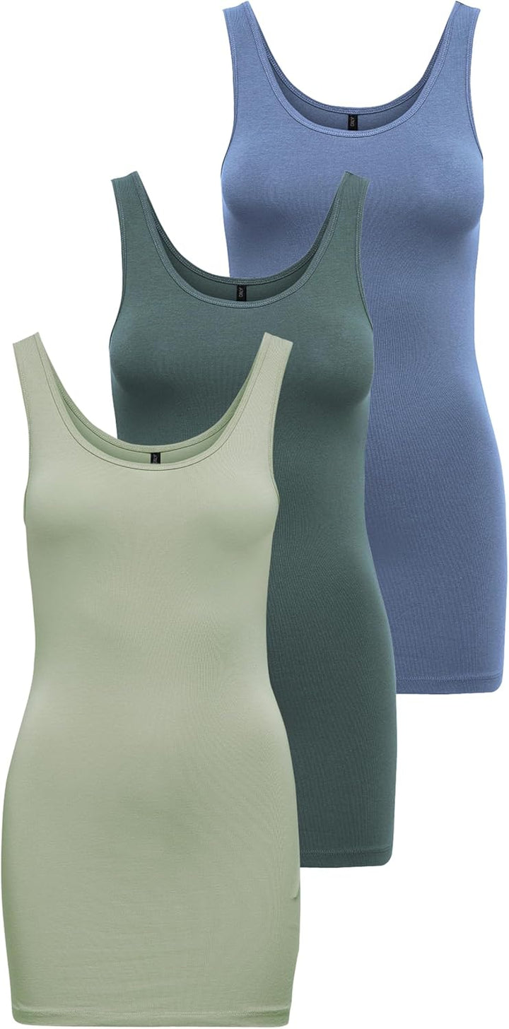 ONLY Damen Onllive Love Long Tank Noos Top S Grün/Blau (1 X Desert Sage/ 1x Balsam Green/ 1x China B