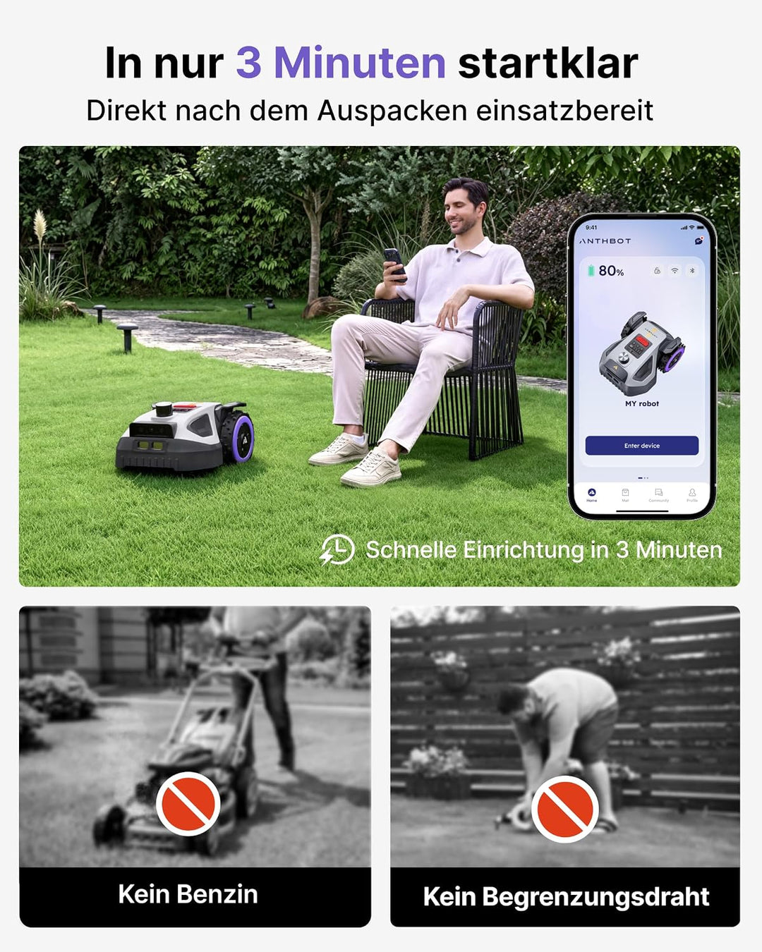 ANTHBOT M5 Pro Mähroboter ohne Begrenzungskabel – HoloSense 4-in-1 Navigation (360° LiDAR, RTK/NetRT
