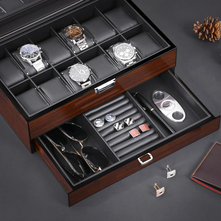 BEWISHOME 12 Uhrenboxen für Herren, luxuriöser Uhren-Organizer mit Schublade, mit ultraglattem PU-Le