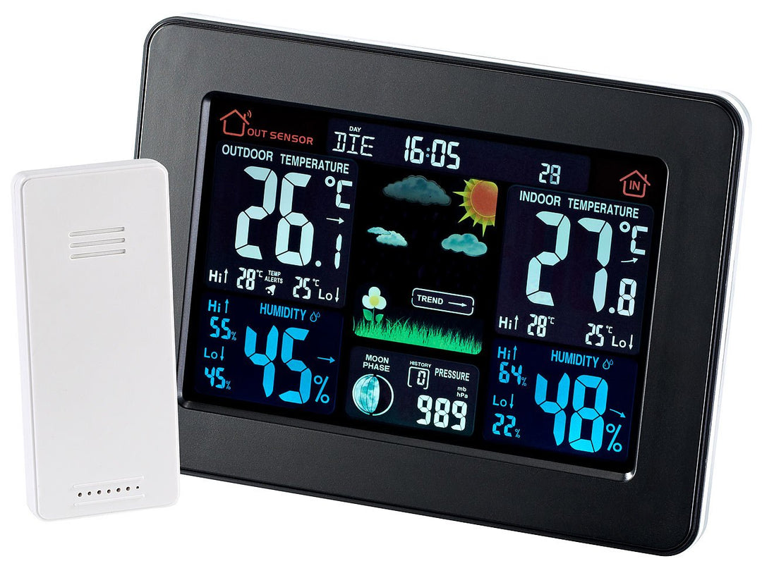 infactory Wetterstation farbig: Wetterstation mit Farb-Display, Funk-Aussensensor, DCF-Funk-Zeitanze