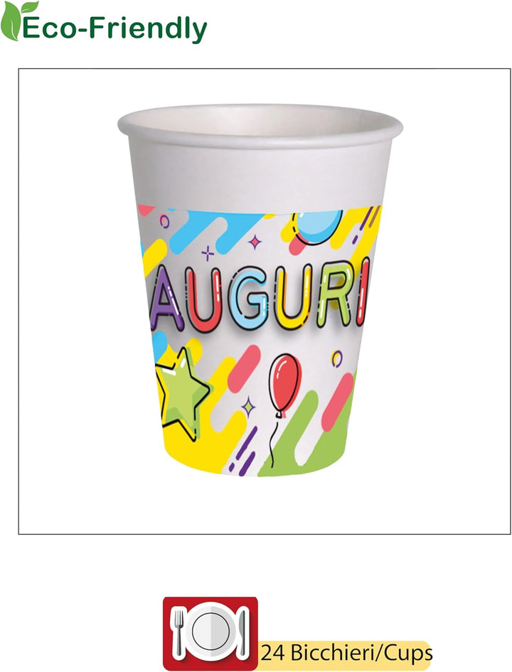 Partygeschirr Party-Set Tanti Auguri Fun für 24 Personen (88 pcs: 24 Pappteller Ø23cm, 24 Becher 250