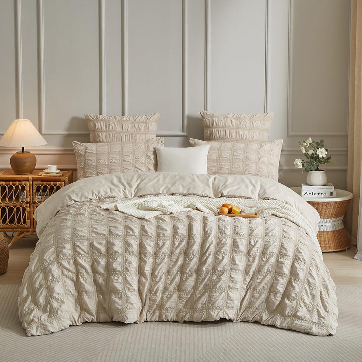 Luofanfei Beige Seersucker Bettwäsche 135x200 Sommer Kühlende Gestreiftes Karierte Uni Muster Sommer