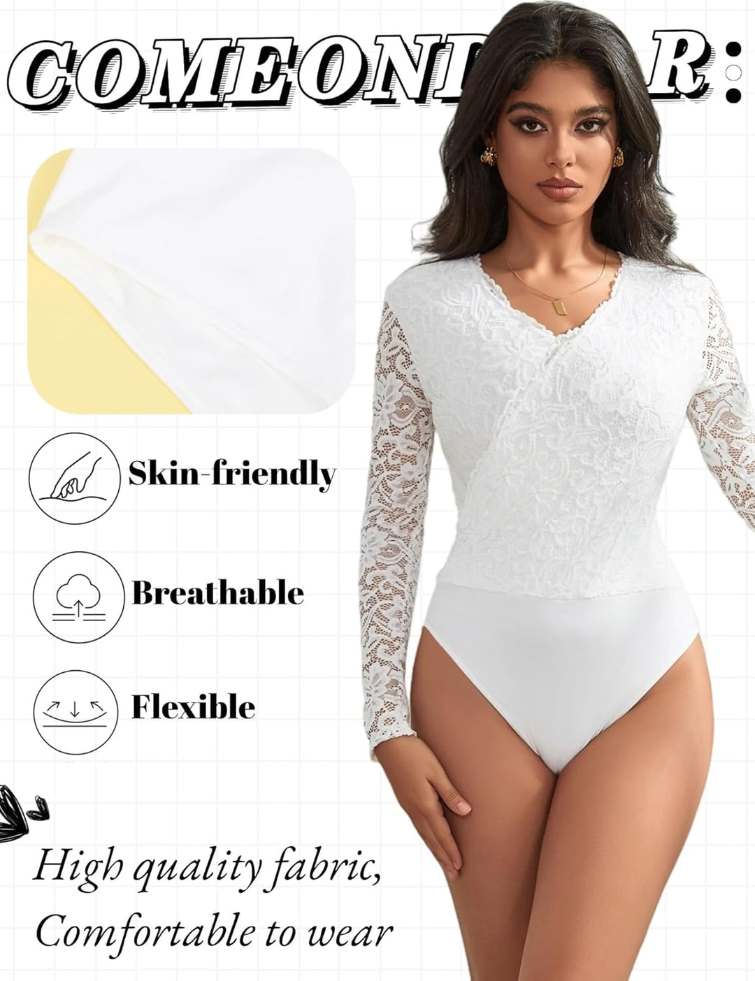 comeondear Sexy Body für Damen Grosse Grössen Langarm Oberteile Spitze V-Ausschnitt Overall Bodysuit