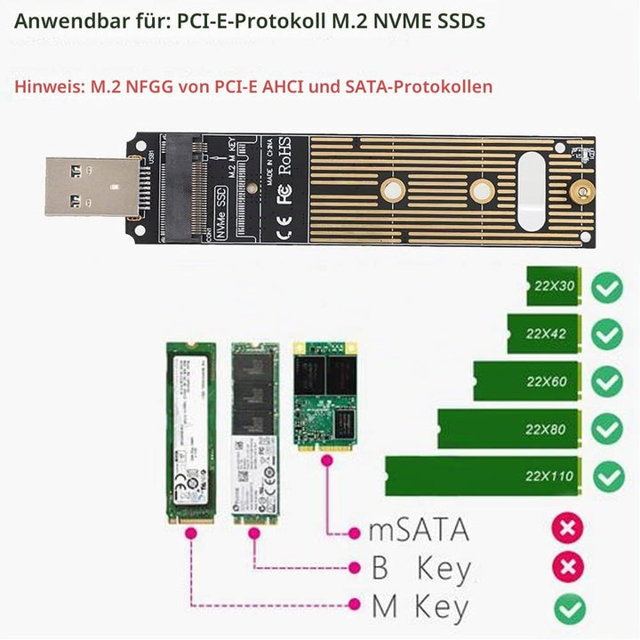 Tangxi M.2 NVMe auf USB Adapter, 10 Gbit/s M.2 SSD auf USB 3.1 M.2 Adapter, M.2 NVME basiert M Key M