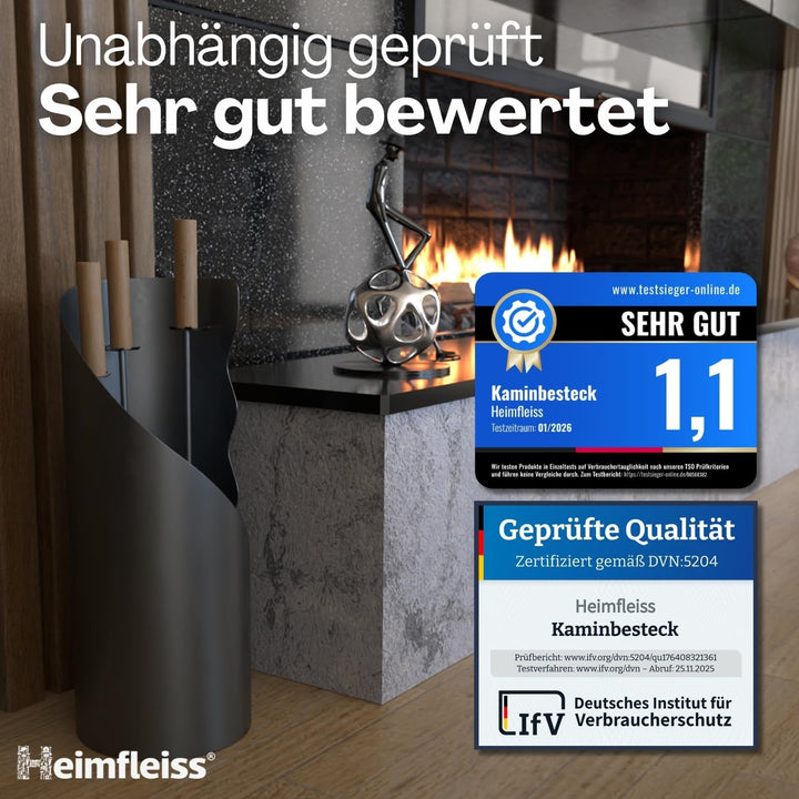 Heimfleiss® Kaminbesteck Modern Grau | Ofenbesteck Kaminbesteck Set | Hochwertiges Kaminset aus Schü