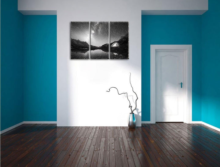 Pixxprint Zelten unter tausenden Sternen / 3-Teilig/Gesamtmass 120cm Leinwandbild bespannt auf Holzr