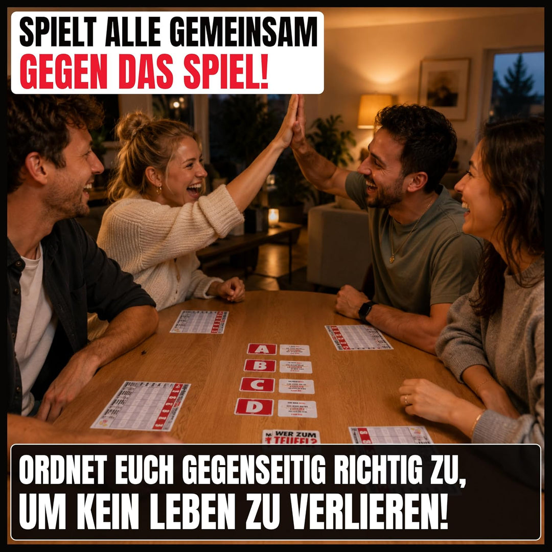 Wer zum Teufel – Kooperatives Partyspiel | Wer würde eher als Teamspiel | 3-6 Spieler ab 16 Jahren |