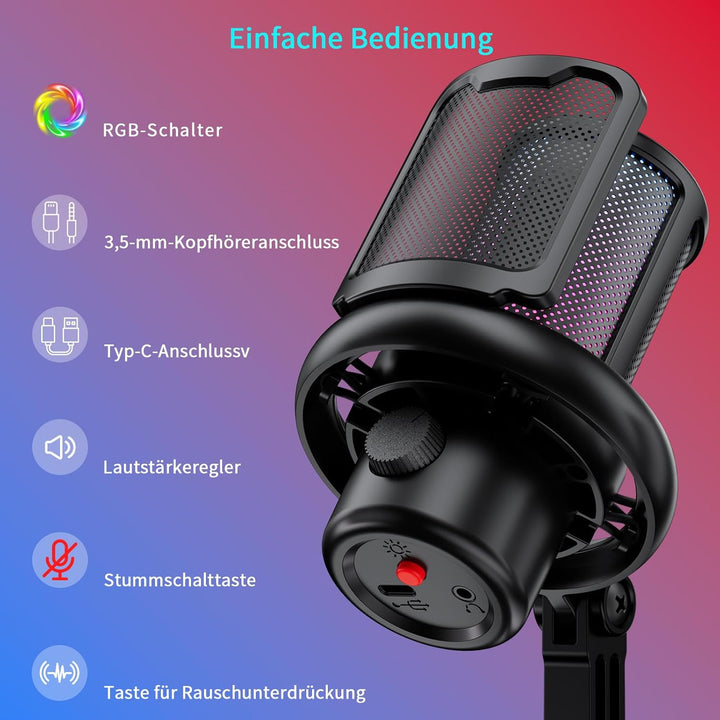 K KASONIC Gaming Mikrofon mit RGB-Beleuchtung, USB Kondensatormikrofon mit Pop-Filter für PC, Schnel