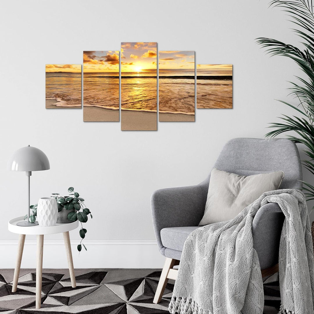 Runa Art Wandbilder Sonnenuntergang Strand 5 Teilig Bild auf Vlies Leinwand Deko Schlafzimmer Wohnzi