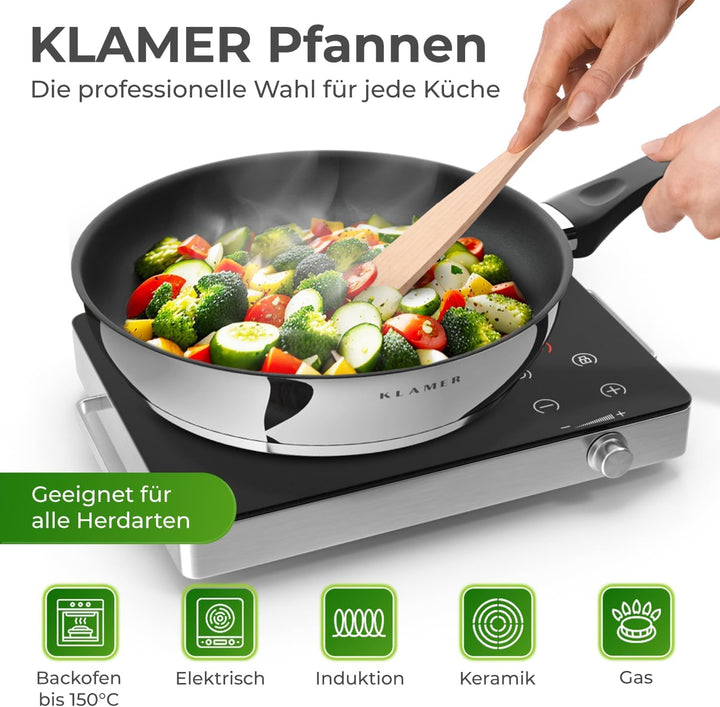 KLAMER Bratpfanne (24 + 28cm) Induktion – Profi Edelstahlpfanne mit Greblon® C3+ Antihaftbeschichtun