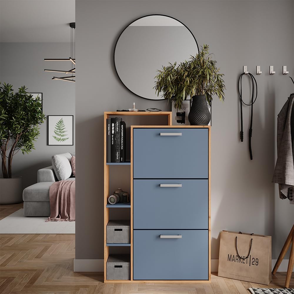 Vicco Garderobe Orlando, Goldkraft Eiche/Blau, 80 x 128.3 cm mit 3 Fächern, Goldkraft Eiche/Blau