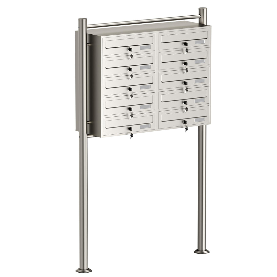Wiltec 10er Briefkastenanlage Edelstahl 945 x 270 x 1500 mm, Standbriefkasten mit 2x5 Fächern, Schlü